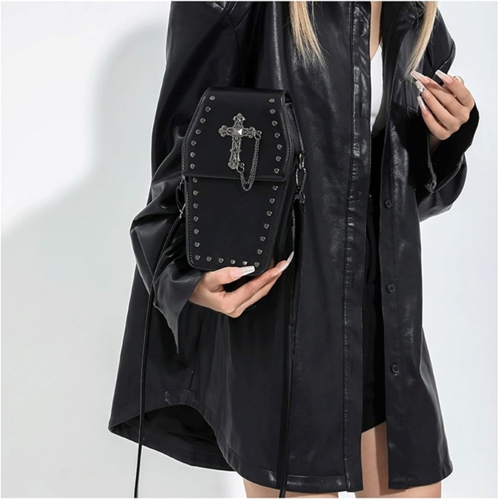 Gothic Coffin Crossbody Bag – Black Faux Leather with Chain NWOT - Picture 10 of 13